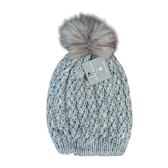 Gelso Bianco gray knit Faux Fur pom pom hat Wool/ alpaca Blend Made In Italy NWT - Picture 4 of 6